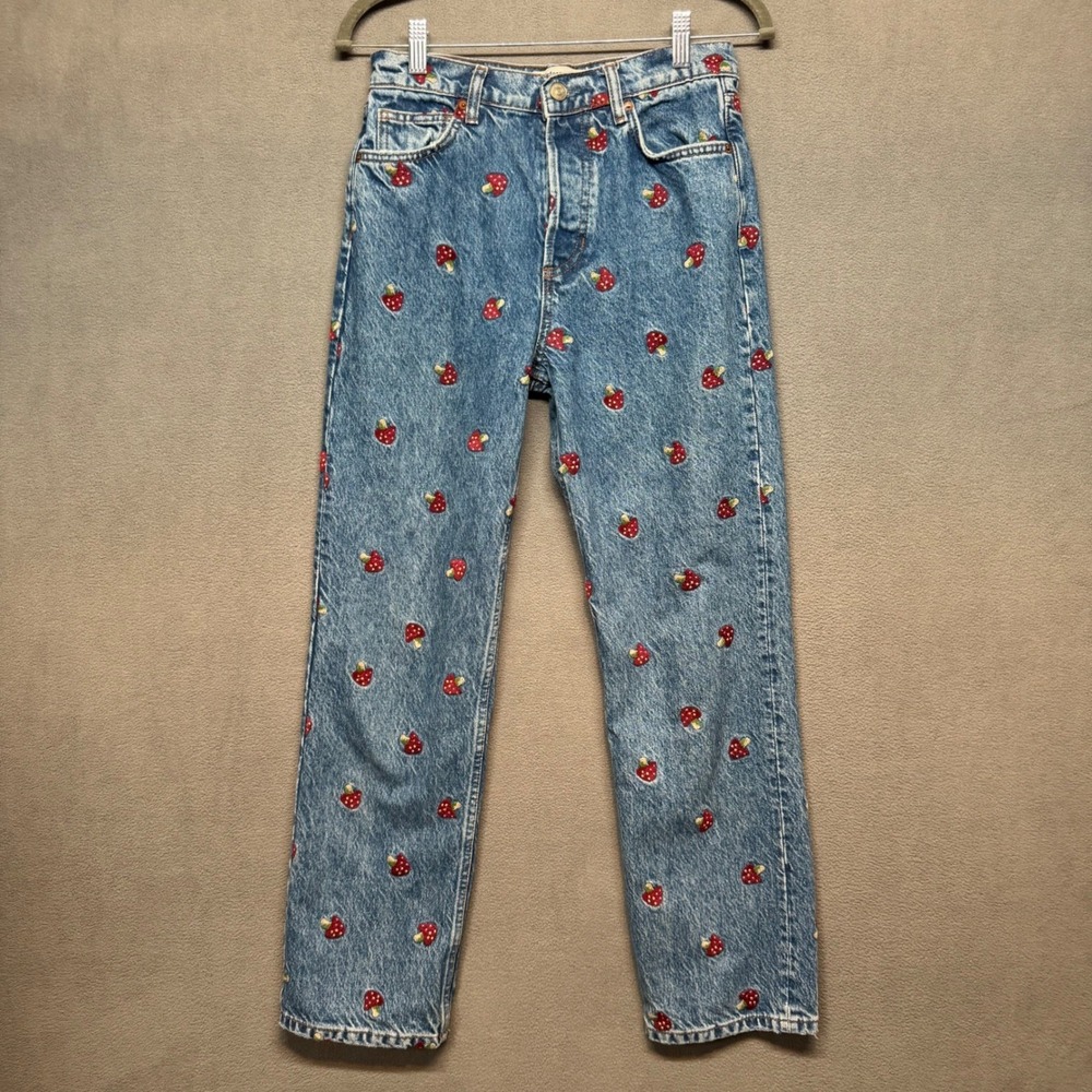 Reformation Jeans Mushroom Embroidered High Rise Straight Jeans 27 Blue RN143248